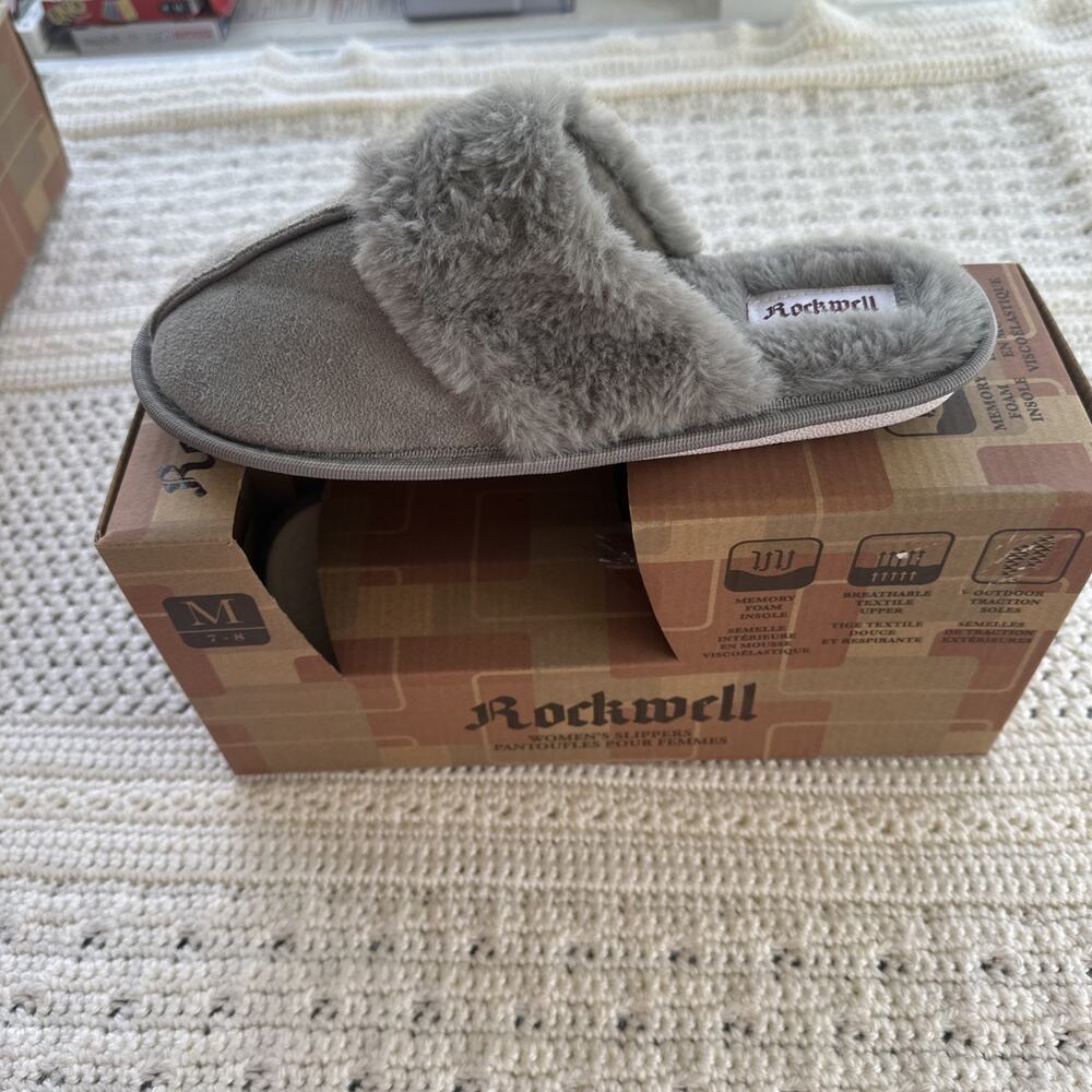 Rockwell Women's Grey Scuff-Style Slippers with Faux Fur Trim , Size M (7-8)